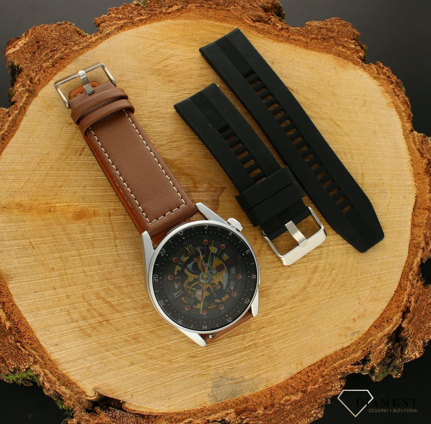 Zegarek Smartwatch Rubicon zestaw z dwoma p45kami Rozmowy telefoniczne RNCE78 srebrny brązowa skóra (6).jpg